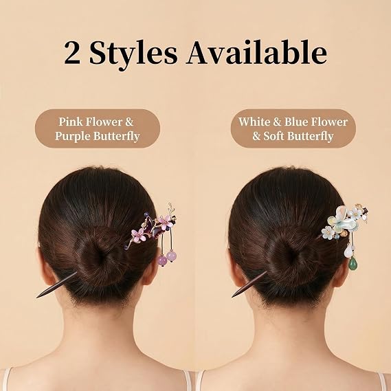 2 Pieces Chinese Hair Sticks,Wooden Floral Hairpin Vintage Chinese Hair Sticks,Traditional Hanfu Flower Wooden Hair Stick with Bead Pendants Hairpins,Butterfly Hair Chopsticks (B)