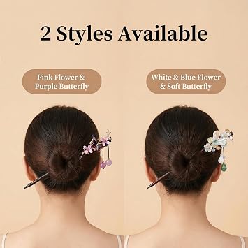 2 Pieces Chinese Hair Sticks,Wooden Floral Hairpin Vintage Chinese Hair Sticks,Traditional Hanfu Flower Wooden Hair Stick with Bead Pendants Hairpins,Butterfly Hair Chopsticks (B)