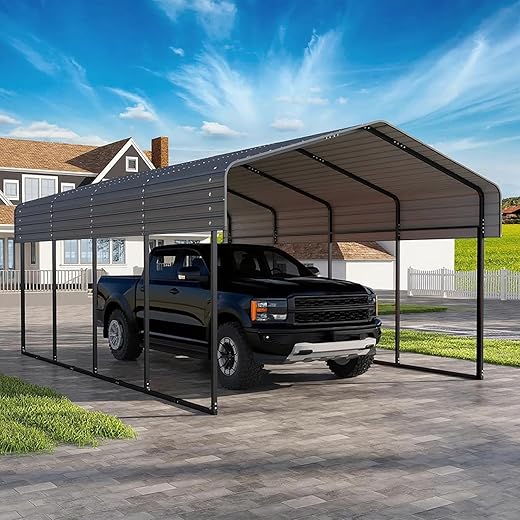 Reinforced Galvanized Carport Outdoor Heavy Duty Shelter with Anchors Easy Assembly for Tractor and Vehicles (12 * 20FT)