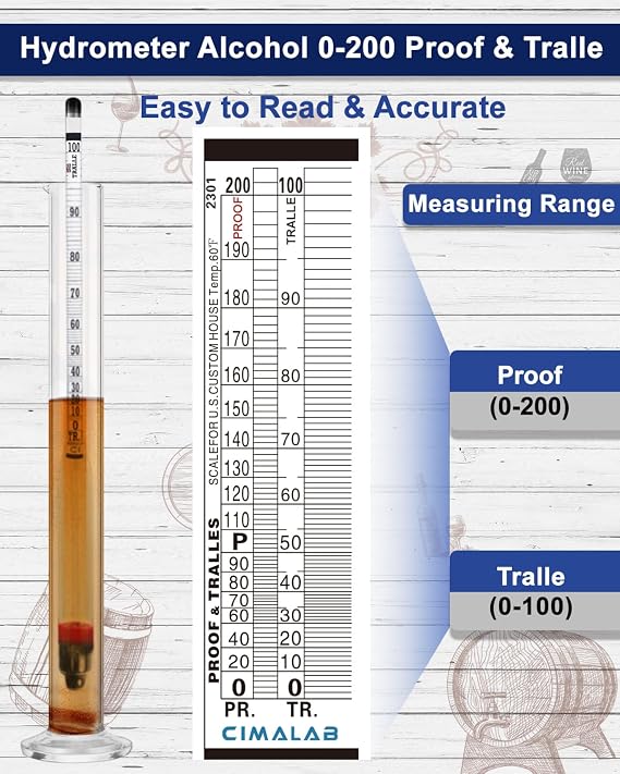 CIMALAB Hydrometer Alcohol Meter, Hydrometer Alcohol 0-200 Proof and Tralle Alcohol Hydrometer, Alcohol Proof Tester Hydrometer, Alcohol Tester for Liquor/Moonshine/Spirits/Proofing/Distilled