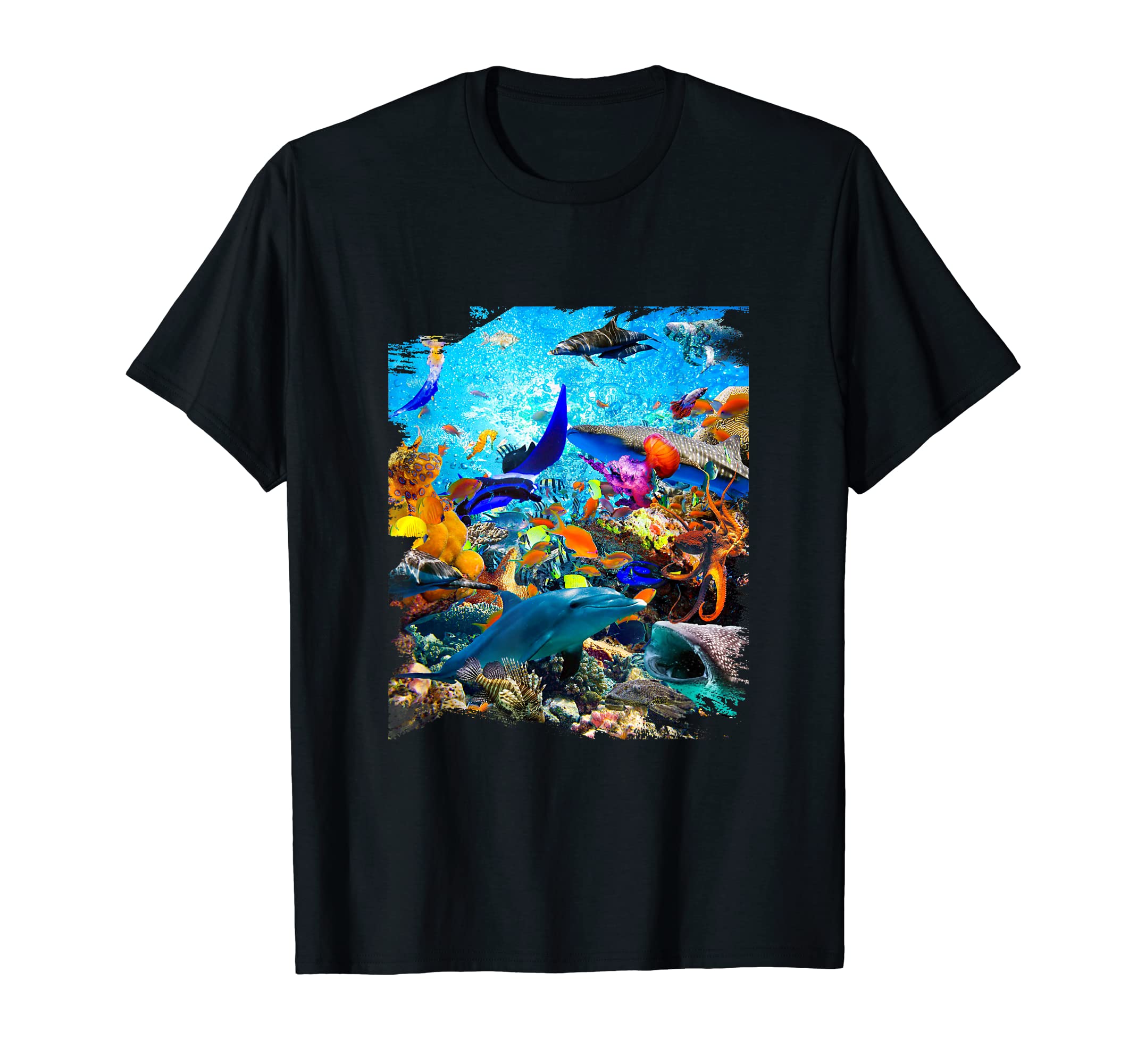 Ocean Dolphin Shark Turtle Coral Sea Fish Orca Whale Reef T-Shirt, Black
