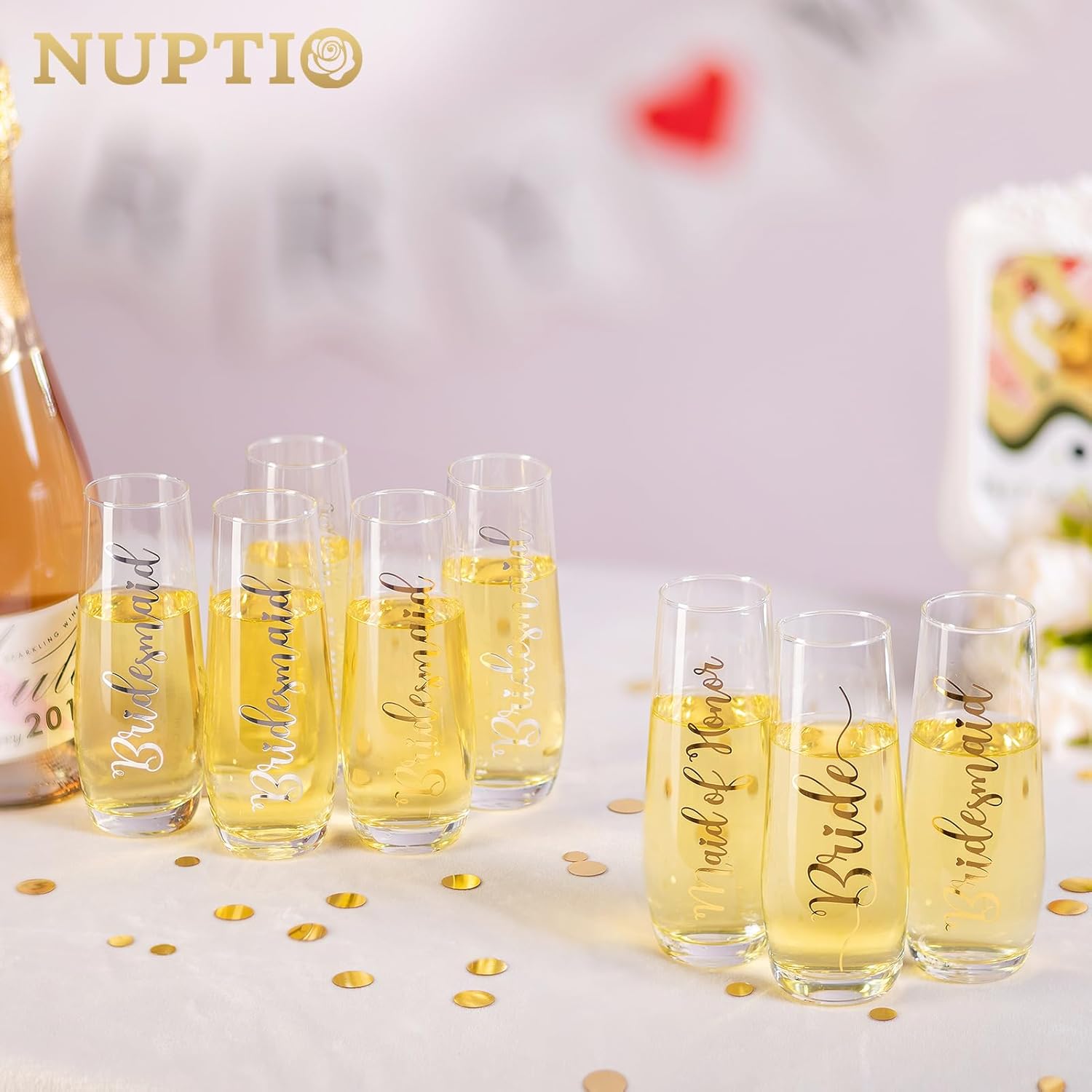NUPTIO Champagne Glasses Bridal Shower Gift: Set of 8 Stemless Party Prosecco Flutes Tumbler Bride Bridesmaid Maid of Honor Wedding Clear Silver Embossed