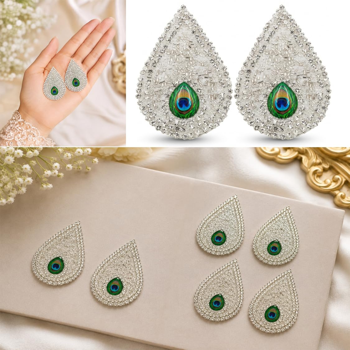 White Peacock Feather Wall Decoration Patch Pack of 24 | Pearl Stone & Zardosi | 1.5 x 2.75 Inch | Home Decor, Wedding Decoration & DIY Craft-image-3