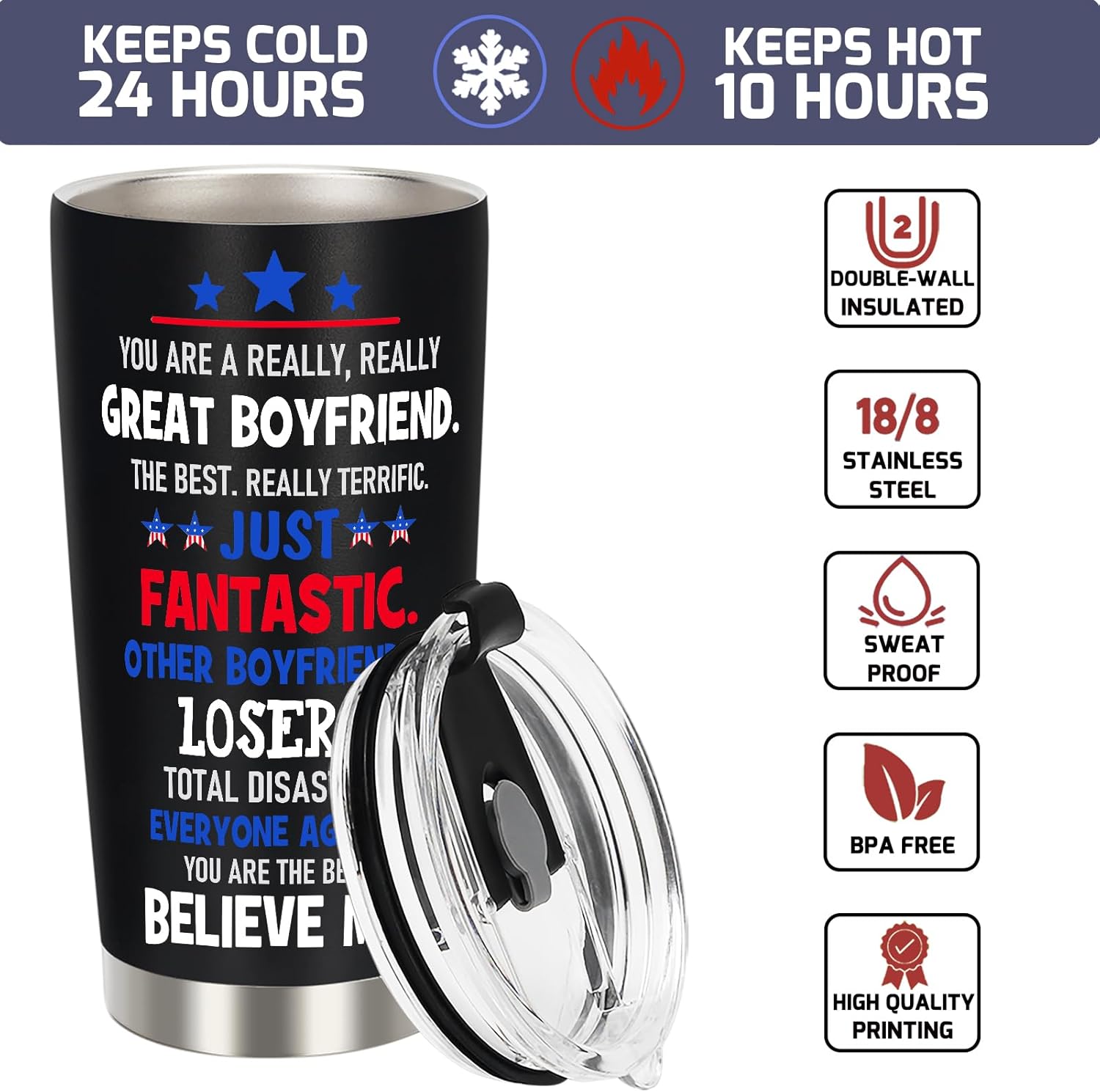 Valentines Day Gifts for Boyfriend Gifts from Girlfriend - Funny Anniversary Birthday Gift for Him Boyfriend Bf, Valentines Day Tumbler Cup, 20 OZ Stainless Steel Insulated Travel Coffee Tumbler Cup - Image 4