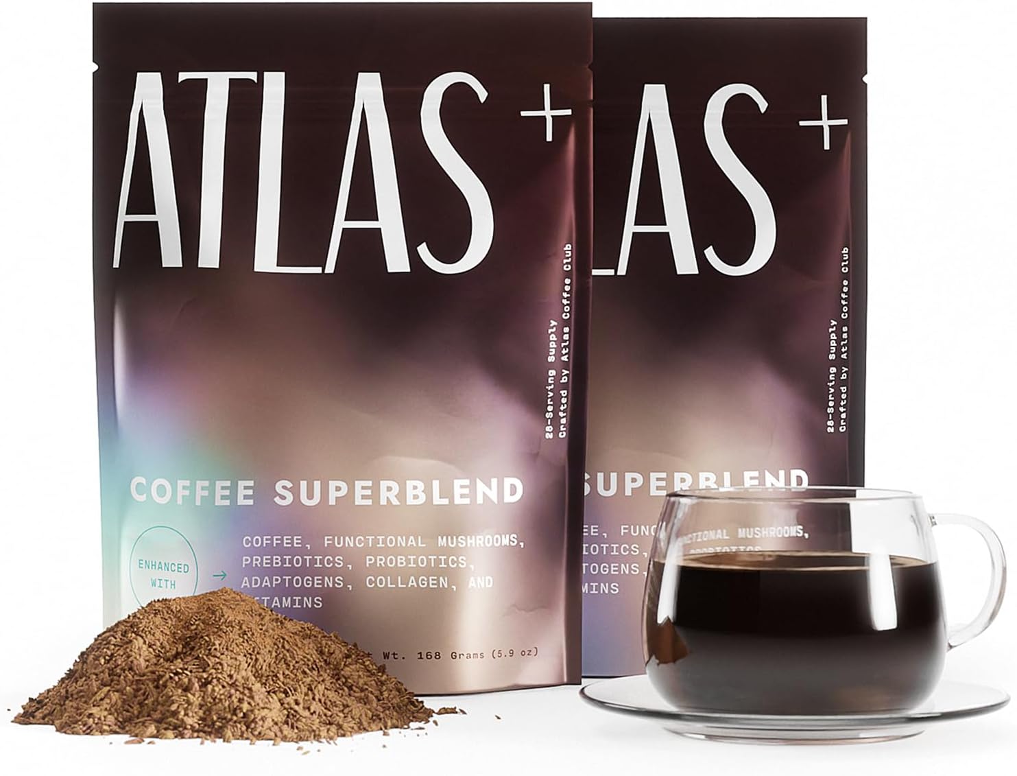 Atlas+ Mushroom Coffee Superblend– Premium Coffee with Collagen, Probiotics, D3 & B12, Lion’s Mane, Reishi, Cordyceps– for Energy, Focus, Immunity & Gut Health– 28 Servings (1 Bag)