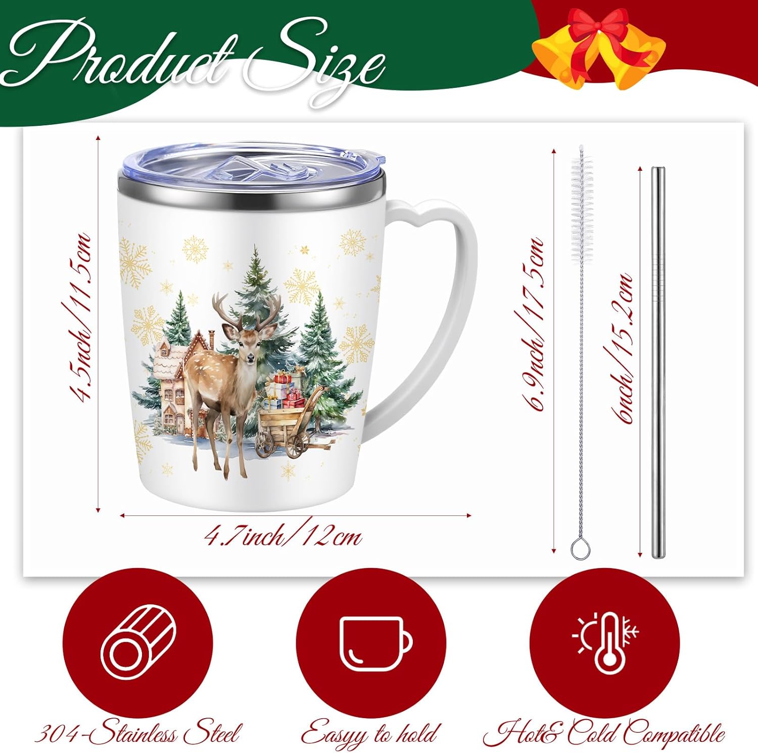 6 Pcs Christmas Coffee Mugs Cups 11 oz Christmas Stainless Steel Tumbler Vacuum Insulated Coffee Cups with Handle Lid Straw Wine Mug for Winter Xmas Gift Holiday Party Supplies(Watercolor) - Image 2