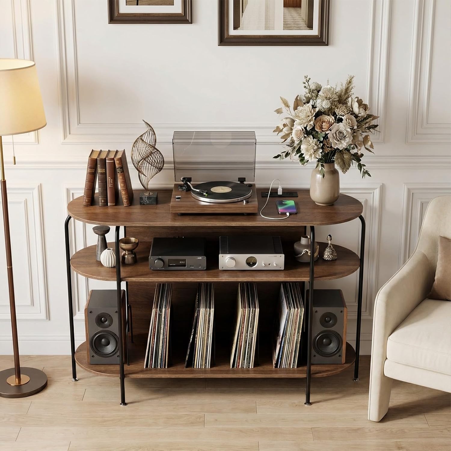 Large Record Player Stand with Vinyl Record Storage & Power Outlets, Holds 200+ Albums, 3-Tier Turntable Stand for Living Room & Bedroom, Mid Century Round Shelf Design,Walnut