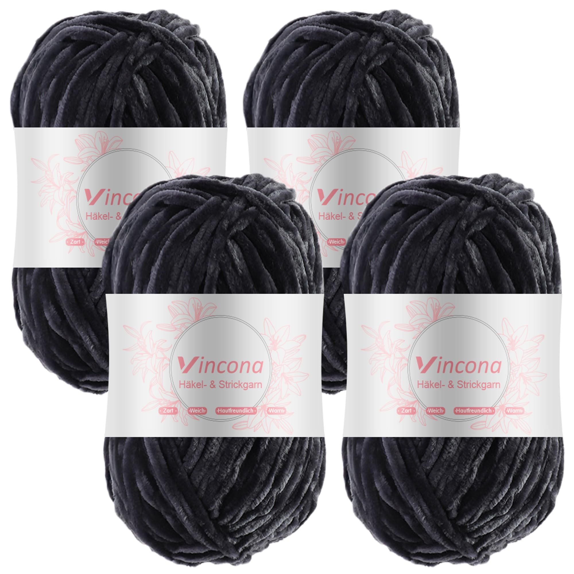 Vincona Chenille Yarn 4 x 100g Super Soft Chunky Yarn for Knitting and Crochet Yarn Clothes, Handbag, Shoes Hats Sweaters Blankets Scarves，DIY- Ideal for Beginners Adults Dark Gray
