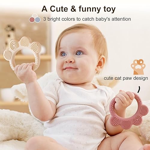 Miniatura 5 de Paquete de 3 juguetes mordedores de anillo para bebés, anillo de dentición infantil de silicona suave, divertidos juguetes masticables para niños de