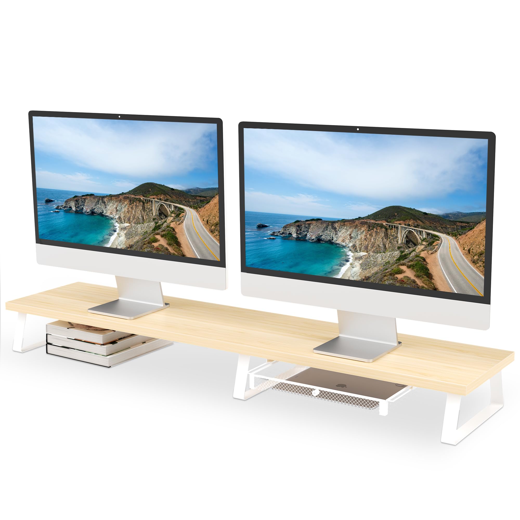 Aothia Large Dual Monitor Stand Riser - Wooden Computer Desk Stand with Metal Legs,Desk Organizer with Drawer and Underneath Storage,Desk Shelf for PC/Printer/TV/Laptop, Oak