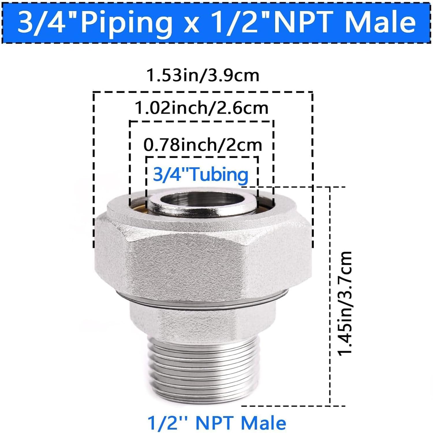 2-Pack 3/4" x 1/2" Brass-Nickel Plated Air Line Fittings Straight Connectors with 1/2" NPT Male Thread 200 PSI, Compatible with Shop/Garage Compressed Air Systems