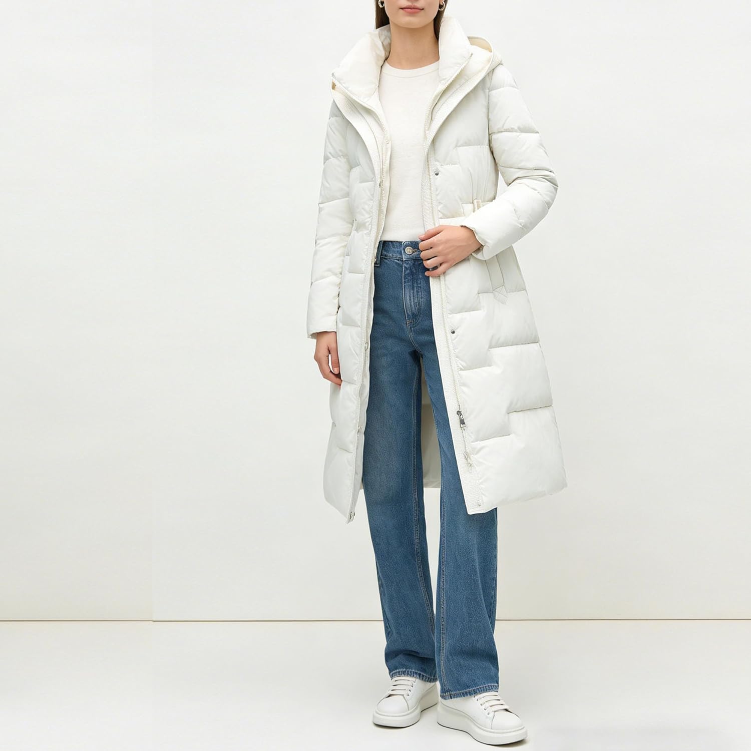 Women’s Long Hooded Puffer Coat Quilted Slim Fit Down Jacket Winter Coats with Belt Warm Winter Coat for Women