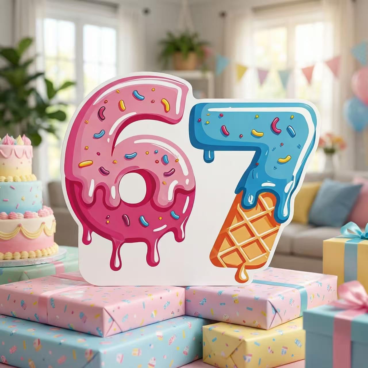 Large 6 7 Cardboard Cutout Stand-Up, 20 * 16 Inch 6 7 Birthday Decorations, Cartoon 67 Meme Themed Donut Ice Cream Photo Booth Prop, Funny Six Seven Birthday Party Backdrop Decorations (Pink&Blue)
