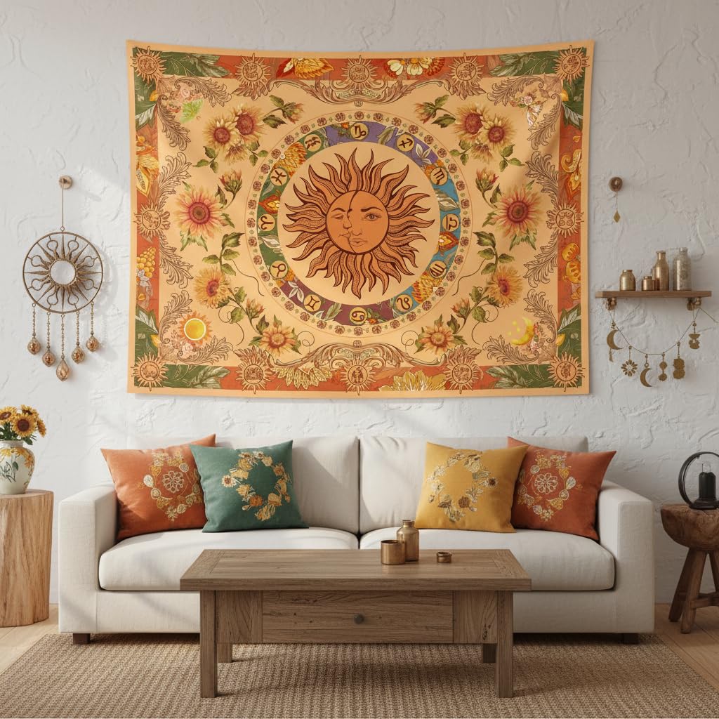 Accnicc Żółty gobelin ze słońcem i księżycem, vintage, indyjski, boho, wiszący gobelin ścienny ze słonecznikami, motylami, konstelacją, estetyczne gobeliny ścienne do sypialni, akademika, salonu
