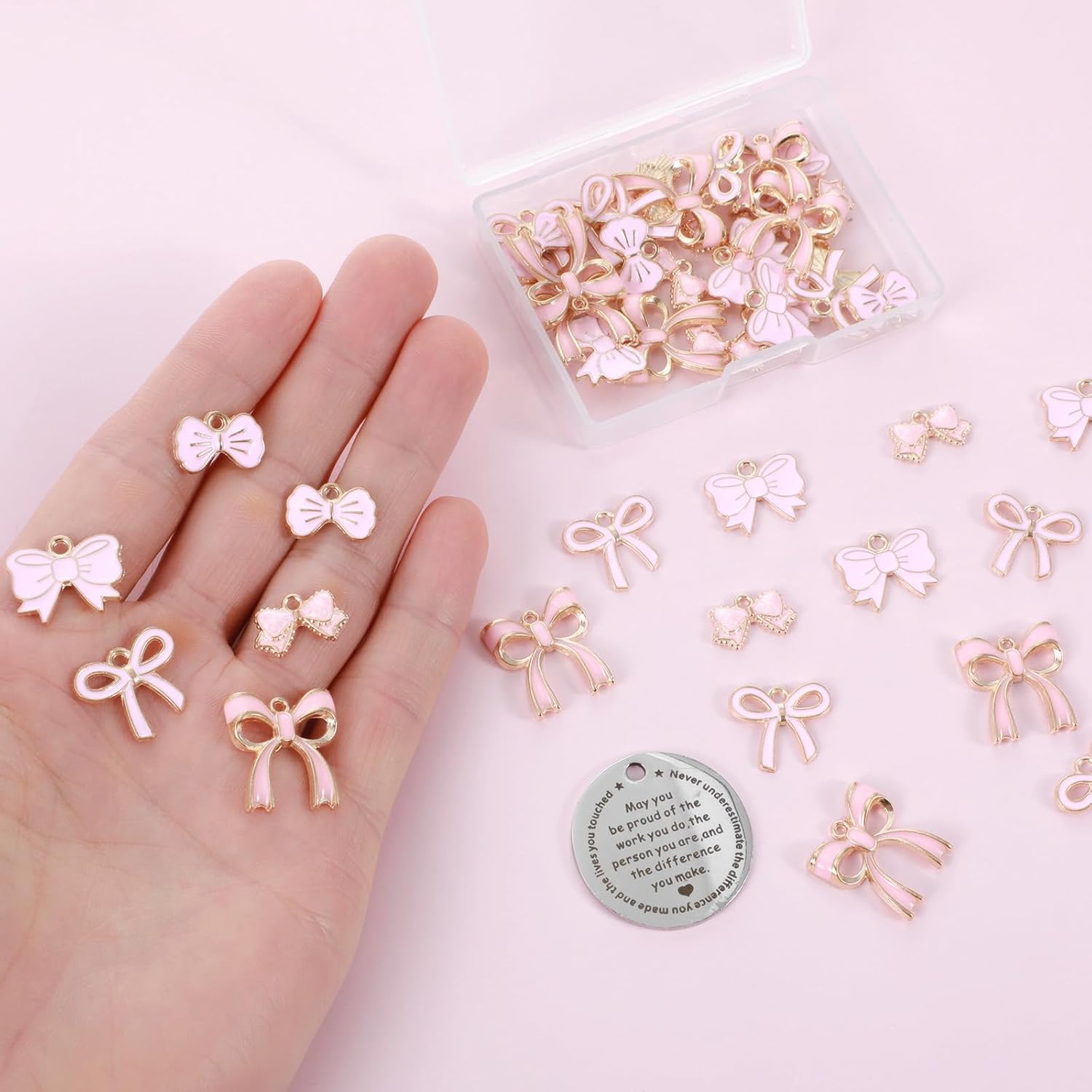 50 Pcs Pink Bow Charms for Jewelry Making, Alloy Bowknot Enamel Charms Bulk Links Bow Tie Pendants Charm for Women DIY Making Bracelets Earrings Necklace Craft Supplies (with 50 Small Circles) - Image 3