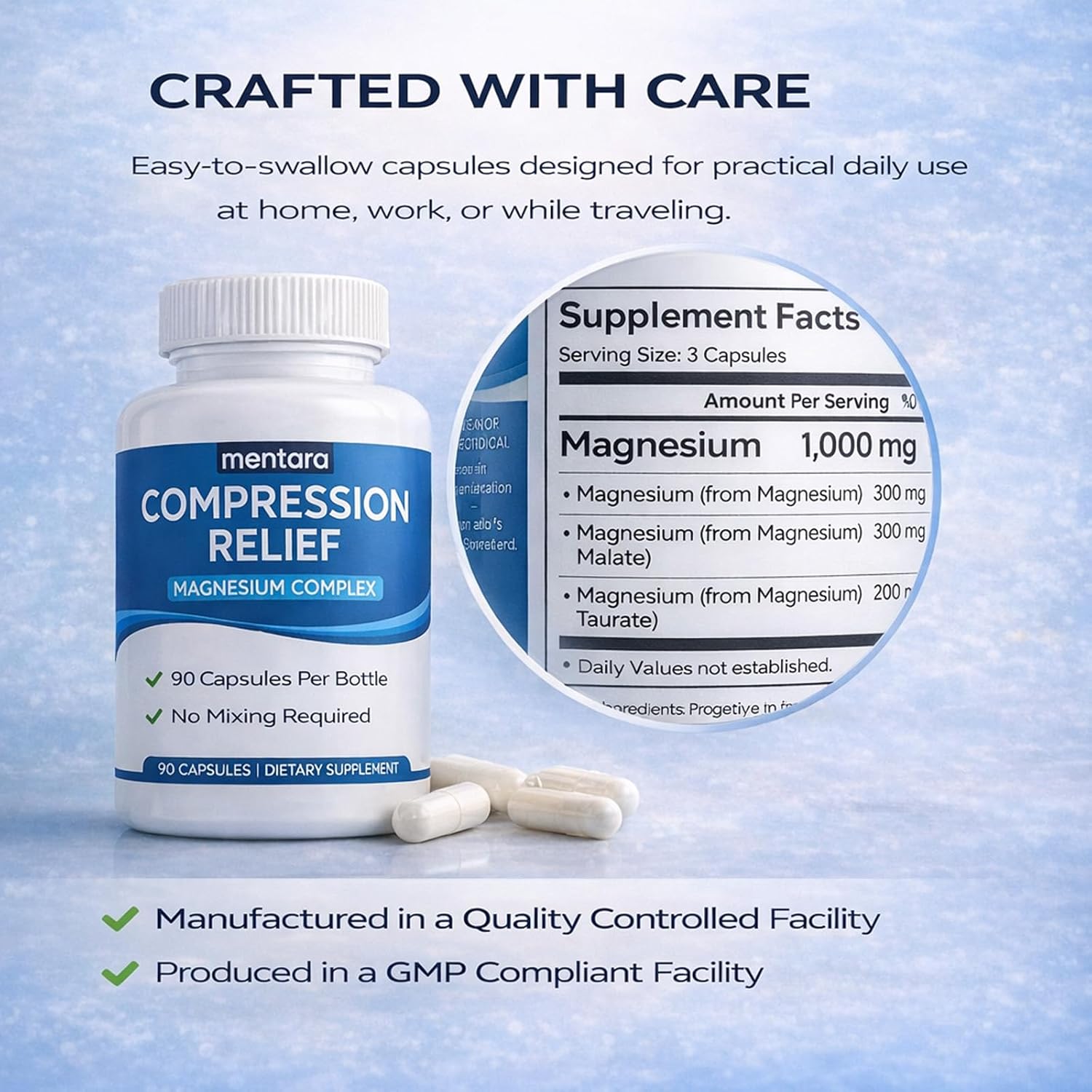 Mentara Compression Relief Magnesium Complex 1000mg – Glycinate Malate Taurate Blend for Daily Mobility & Muscle Function Support, Non GMO Mineral Supplement for Active Lifestyle, 90 Capsules (1)