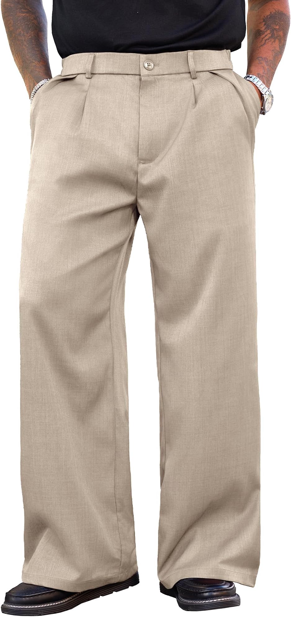 Men's Wide Leg Dress Pants Baggy Pleated Casual Trousers Relaxed Fit Elastic Waist Business Slacks