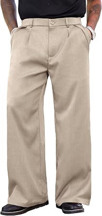 PLEPAN Mens Wide Leg Dress Pants Baggy Pleated Casual Trousers Relaxed Fit Elastic Waist Business Slacks with Pockets Beige Large