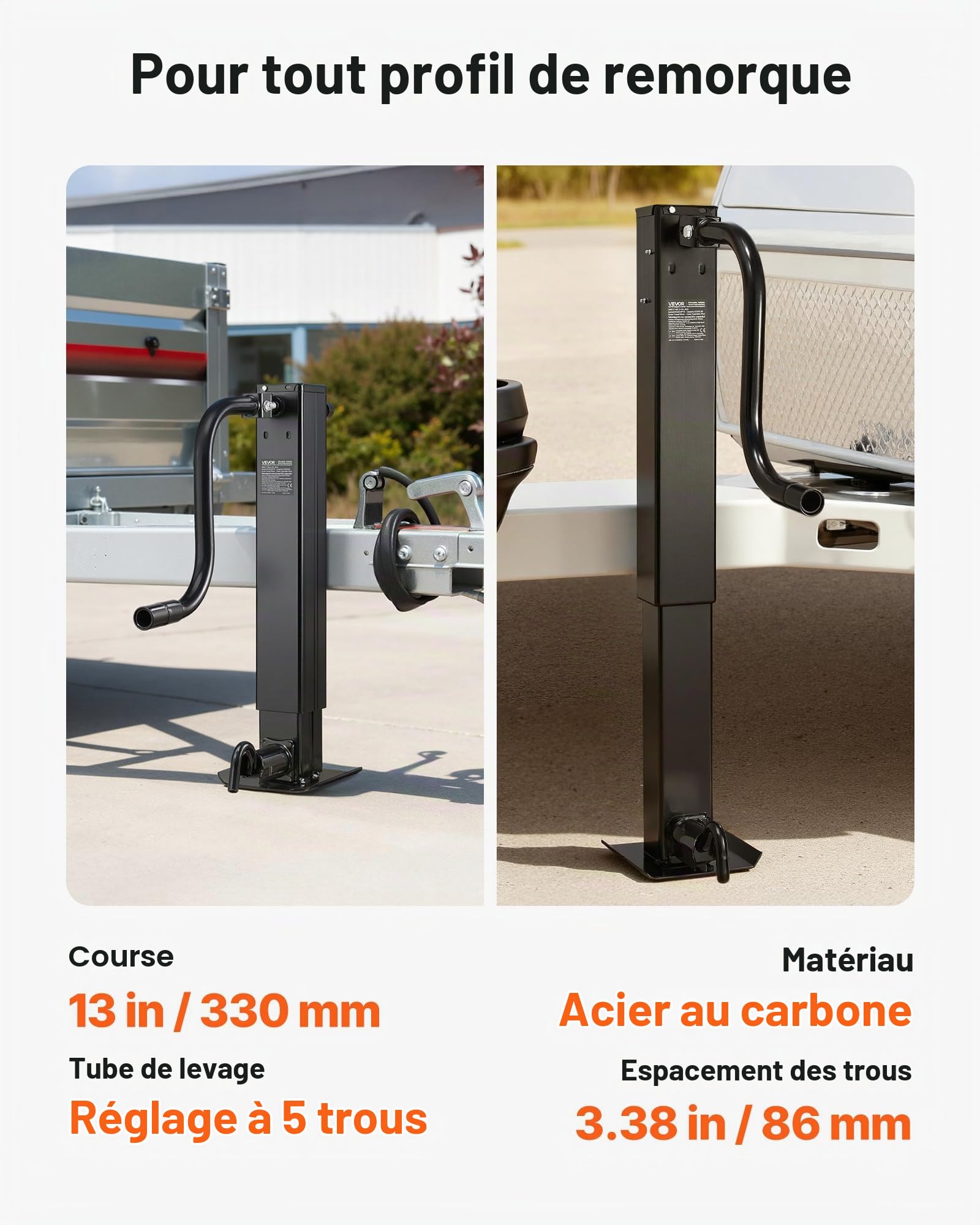 VEVOR Cric de Remorque Carré à Souder Capacité Charge 5443 kg Course 330 mm avec Manivelle, Pied Réglable, Cric de Remorque Manuel Levage Jusqu’à 67,4 cm pour Remorques de VR, Utilitaires, de Yachts