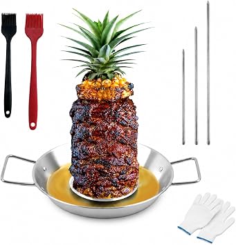 سيخ Fengzhe Al Pastor للشواء، حامل عمودي من الفولاذ المقاوم للصدأ، حامل بصق برازيلي مع 3 مسامير قابلة للإزالة، فرشاتين، تركيبات مضادة للحروق، صينية فاصل الدهون، لتاكو آل باستور، للشواء