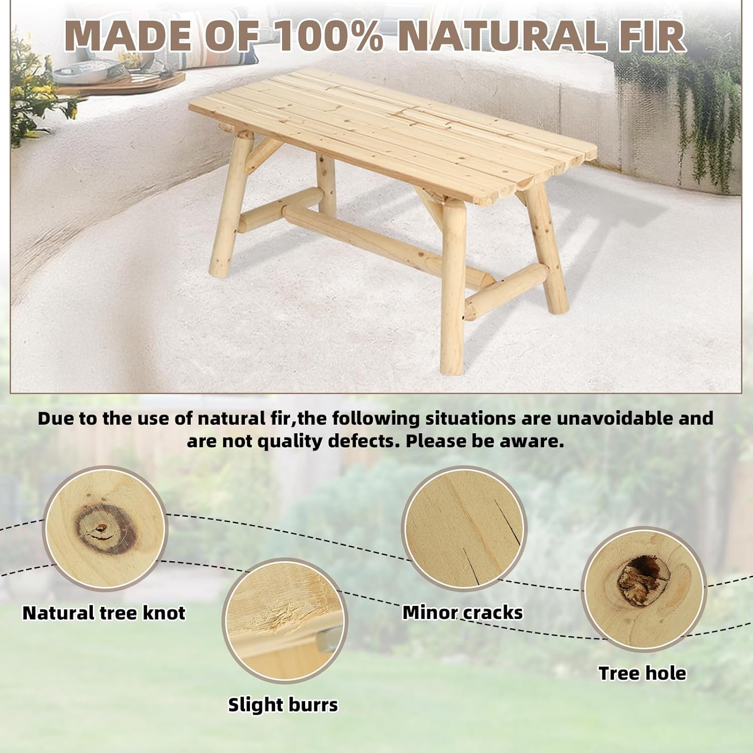 Outdoor Coffee Table, Thick Wooden Patio Adirondack Log Coffee Table with Slatted Tabletop, Solid Wood Rustic Rectangle Center Table for Deck, Garden, Balcony, Indoor or Outdoor Use, Natural