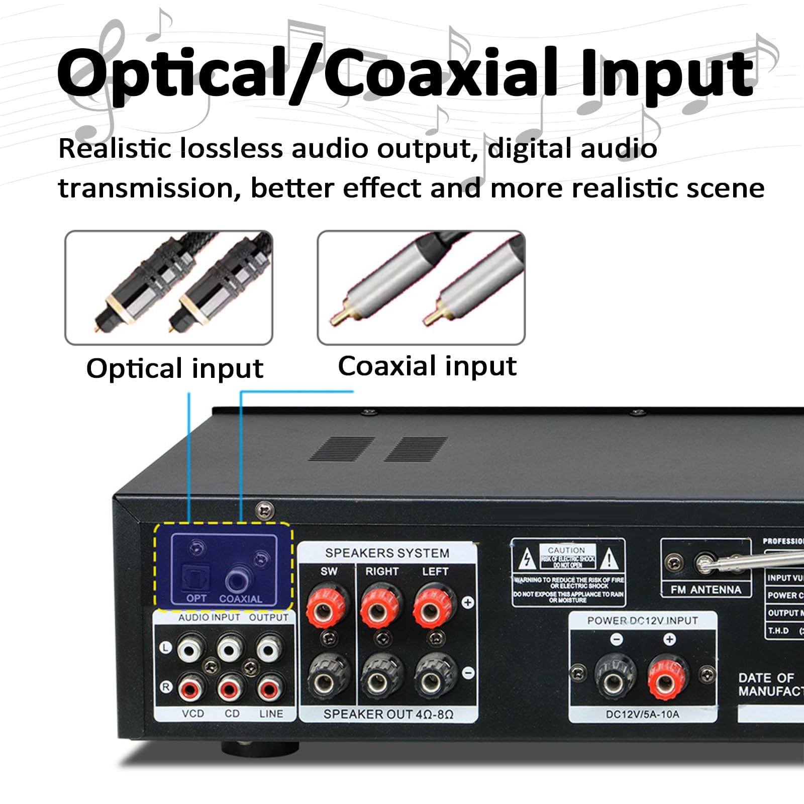 Amplificador De Audio Estéreo HiFi De 5.1 Canales, Amplificador Estéreo Doméstico Bluetooth 5.0, Entrada para Cables USB/RCA/óptica/coaxial, Doble Entrada para Micrófono, Reverberación