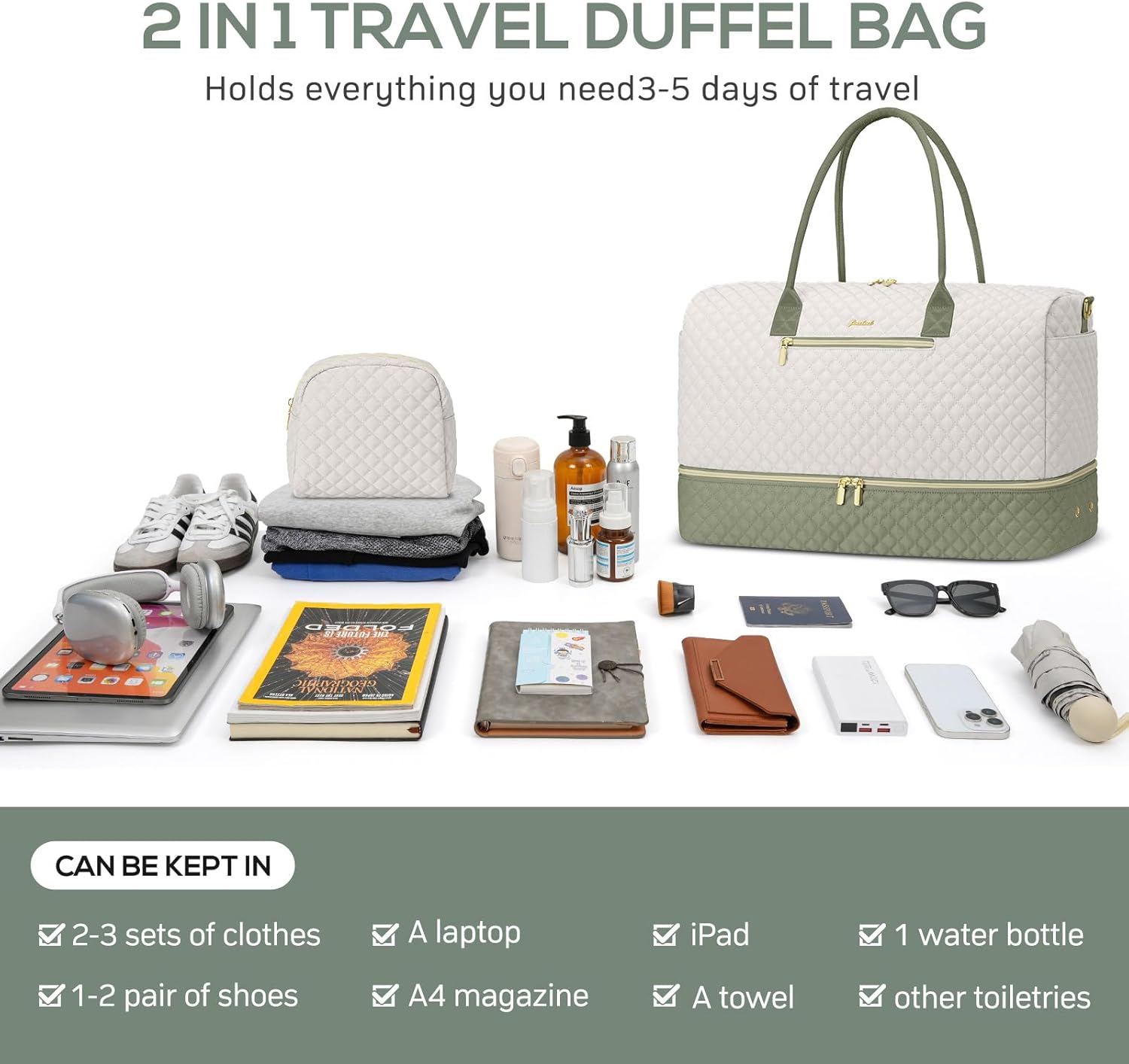 Travel Weekender Duffle Bags for Women - Duffel Bag with Shoe Compartment Carry On Overnight Bag with Toiletry Bag with Wet Pocket for Gym Hospital Bags for Labor and Delivery Beige Green - Image 4