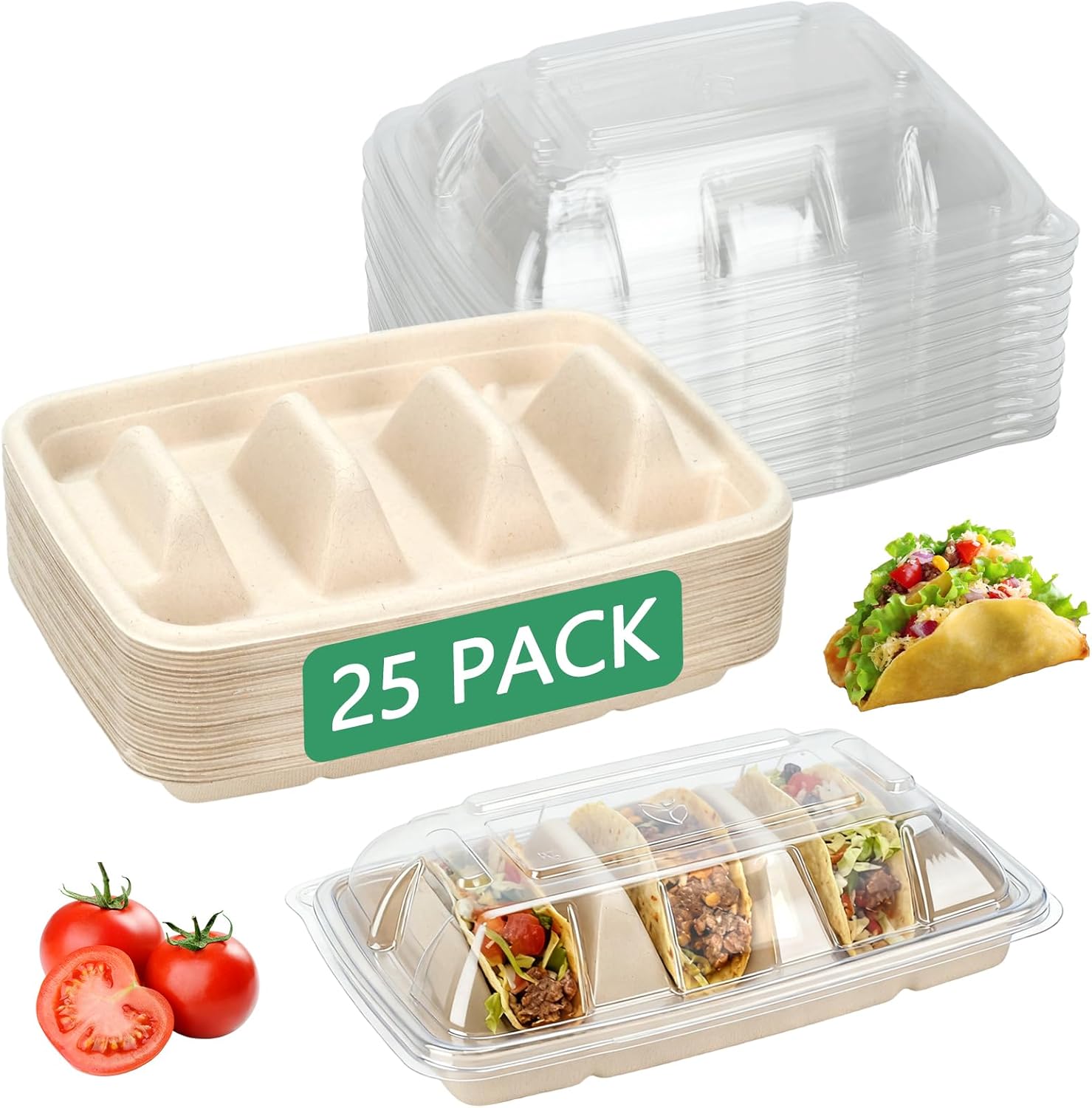 25 PCS Disposable Taco Holders With Lids, Premium Paper Taco Plates with 3 Dividers, Taco Gifts for Christmas, Oven & Dishwasher & Grill Safe, Taco Bar Serving Set For A Party