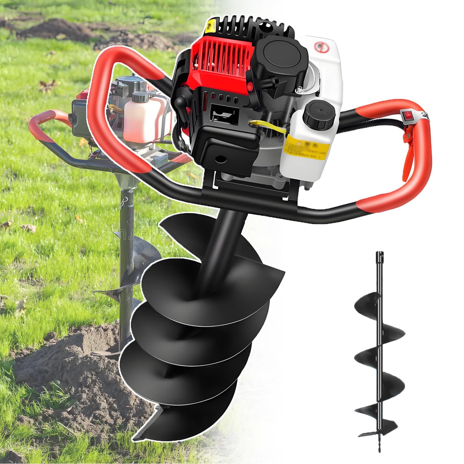 QuinteZhenTially 199cc 4 Stroke Gas Powered Earth Auger,3800 W Heavy Duty Post Hole Digger Kit,Earth Auger Engine,Portable Earth Drill for Tree Planting Holes,Fence Greenhouse Stakes 6CM