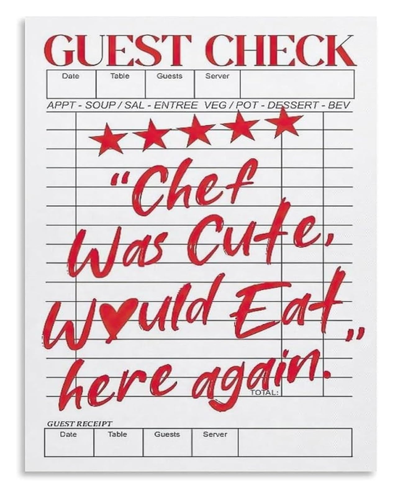LLBOGRGGN Funny Kitchen Decor Canvas Wall-Art Guest Check Poster Chef Was Cute Would Eat Here Again for Preppy Bar Cart Aesthetic Room Art(Framed,08x12inch(20x30cm))