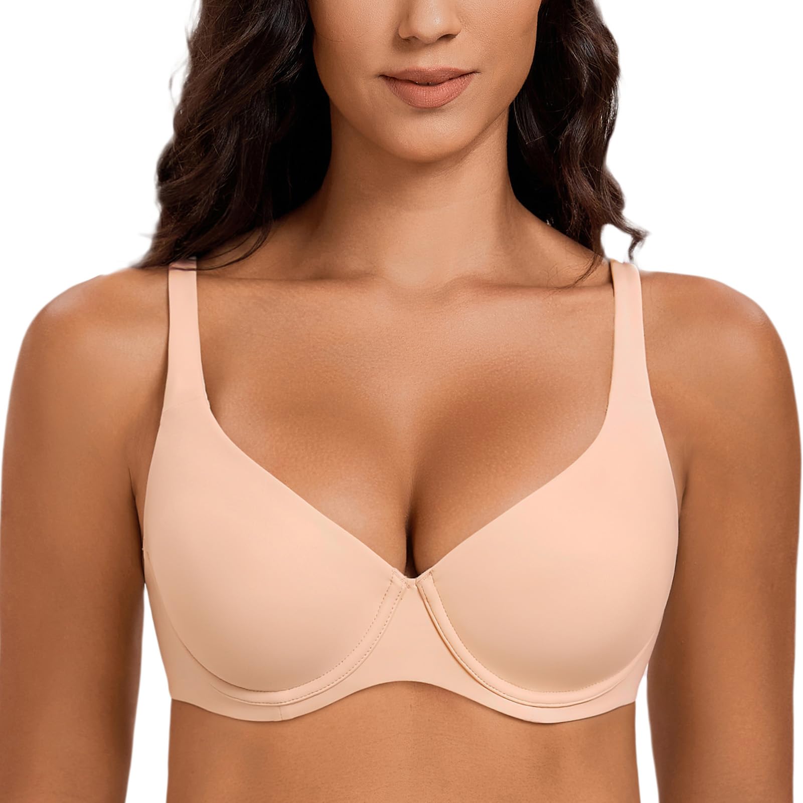 Meleneca Women's Beige V-Neck Minimizer Underwire Plus Size Unlined Plunge T-Shirt Bras 44F