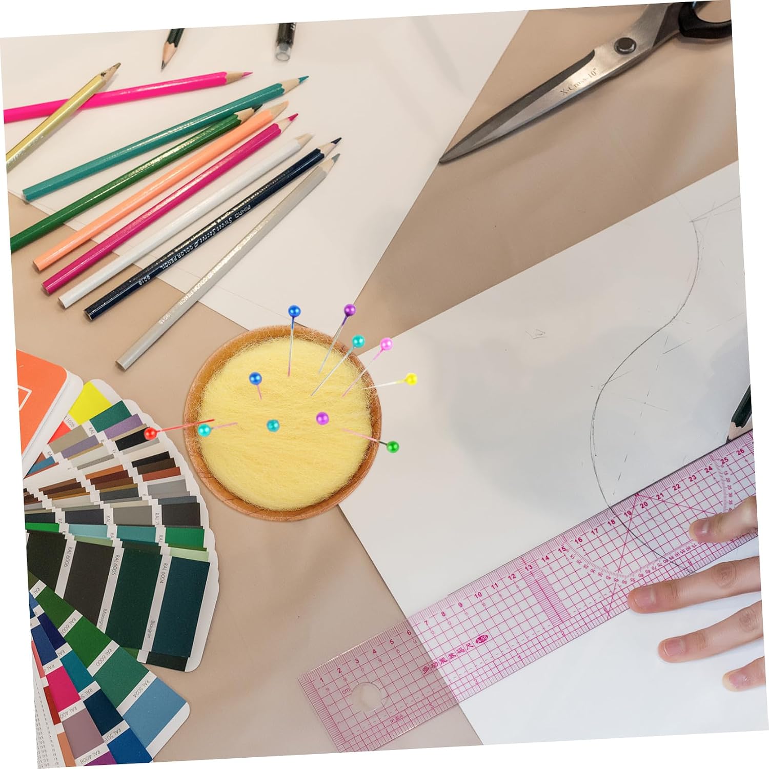 ARTSEWPLY Wool Pin Cushion with Wooden Base Half-Round Needle Organizer for Sewing and Embroidery, Yellow Handcrafted Wool Ball Pincushion for Needle Storage and Fixing Tools