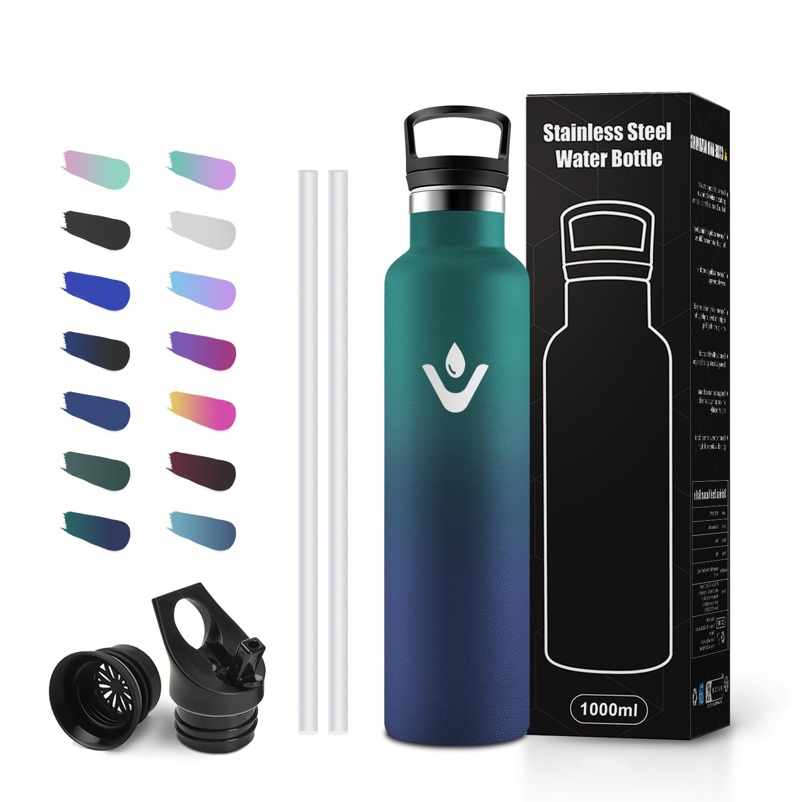JAPORIA Sports Water Bottle, 1 L, Thermos Flask, Leak-Proof, BPA-Free, Suitable for Carbonated Drinks, with Straw, Double-Walled Insulated, Insulated Flask for Outdoor, Fizz, Camping, Office and