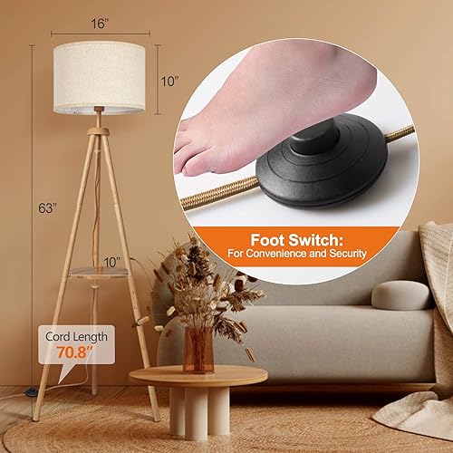 Vista 4 de OUTON Wood Tripod Floor Lamp with Shelves, Mid Century Floor Lamp with Remote Control,4 Color Temperature, LED Modern Dimmable Standing Lamp with