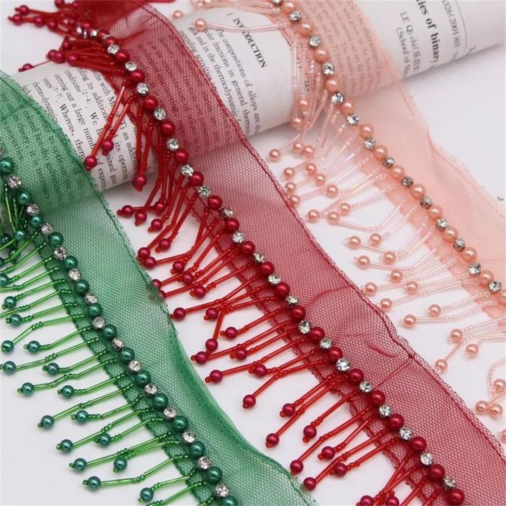 Pearl Lace Ribbon Bead Fringed Trimmings for Wedding Dress Clothing Accessories Handmade Craft Pink 6cm 5 Yard