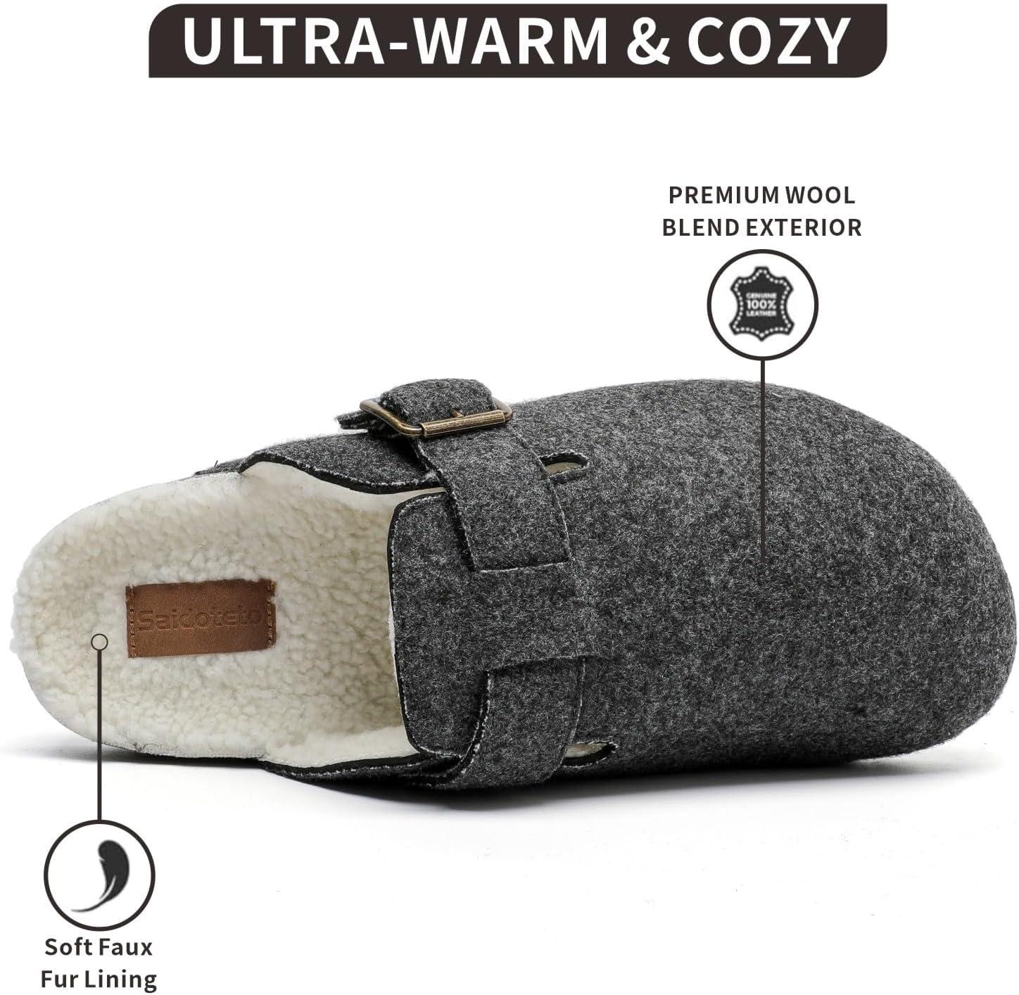 Saidoteto Men's Winter Fur Lined Clogs – Cozy Fuzzy Mules Slip-On House Slippers with Adjustable Buckle, Non-Slip Sole for Indoor & Outdoor Comfort