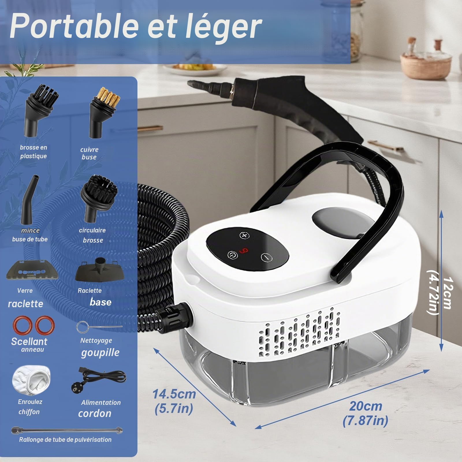 Nettoyeur Vapeur 2500W, 3.0BAR Multi-usage Nettoyant Vapeur avec 3 Têtes de Brosse, 1000ML Réservoir d'eau de Grande Capacité, Steam Cleaner pour les Meubles de Cuisine, Salle de Bain