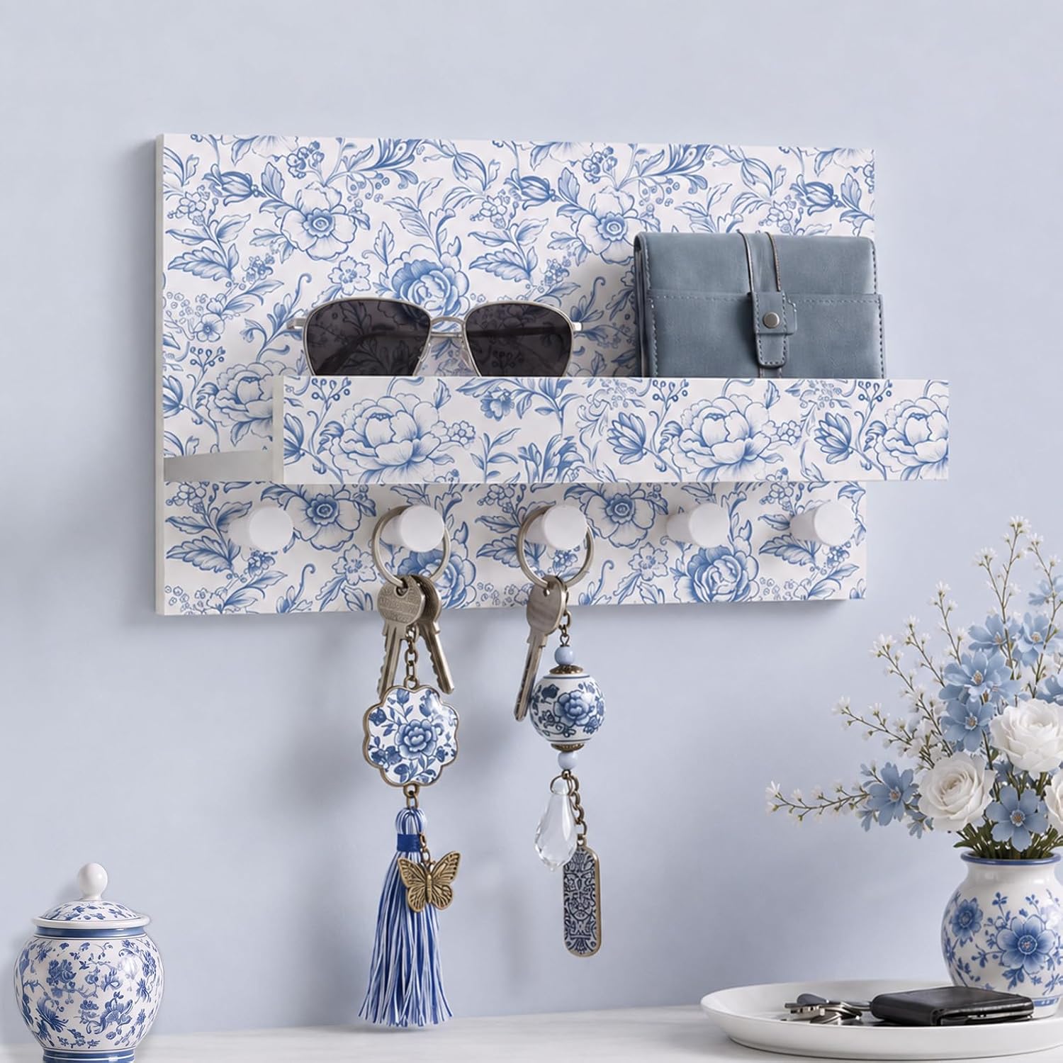 Mifoci Wooden Pink Bow Key Holder Wall Mount with Basket and 4 Hooks