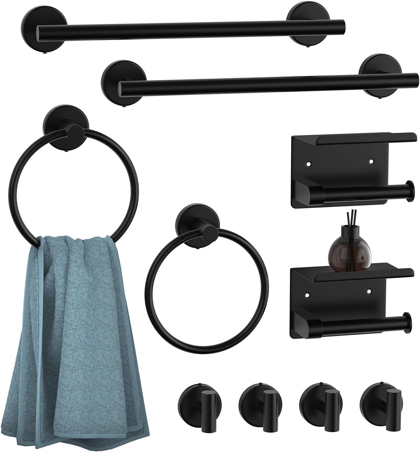 Matte Black Bathroom Hardware Set, 10 Pieces Towel Bar Set Bathroom Accessories with16'' Towel Bar, Towel Ring, Toilet Paper Holder and Towel Hooks
