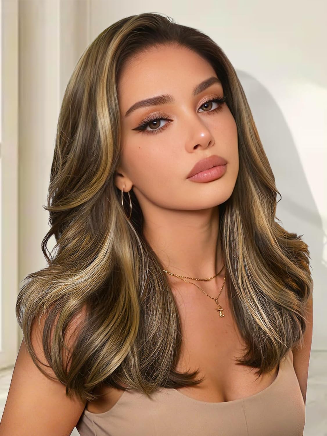 FAVE 13×6 Synthetic Lace Front Wig 18 Inch Layered Highlight Wig Butterfly Haircut Kanekalon Futura Synthetic Wig Blonde Mix Brown Wigs for Women