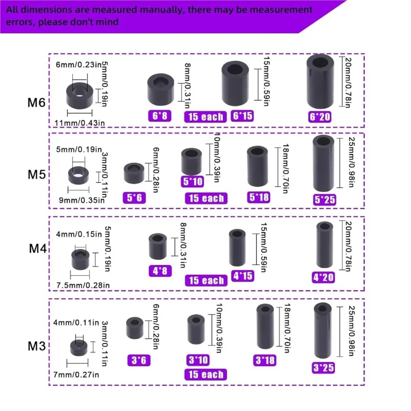 Abstandshalter, 540 Stück, 18 Größen, schwarz/weiß, Nylon, rund, Schraubenmuttern-Sortiment-Set for M3, M4, M5, M6, Schrauben, Prototyping(Black)