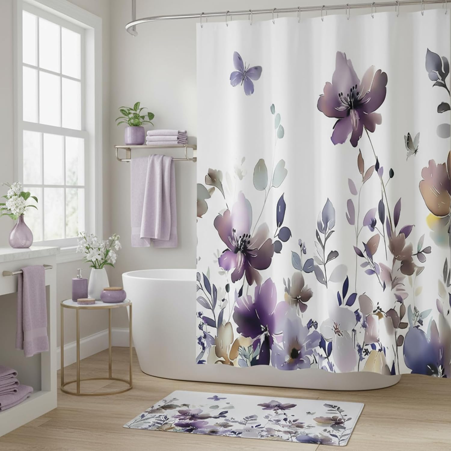 Purple Floral Shower Curtain, Lilac Watercolor Flower Leaves Butterfly Shower Curtains for Bathroom Waterproof Fabric Bath Curtain 72x72 Inch with 12 Plastic Hooks