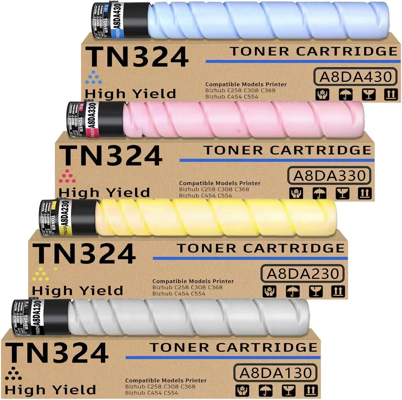 TN-324 TN324 Toner Cartridge High Yield TN324K Replacement for Konica Minolta TN324K TN324C TN324M TN324Y Compatible with Konica Minolta Bizhub C258 C308 C368 C454 C458 C554 C558 C658 Printer(B/C/M/Y)