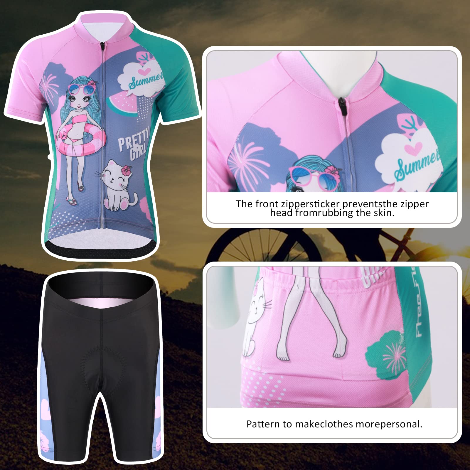 Maillot de ciclismo para niños y niñas, con acolchado para el asiento, manga corta, trajes de ciclismo