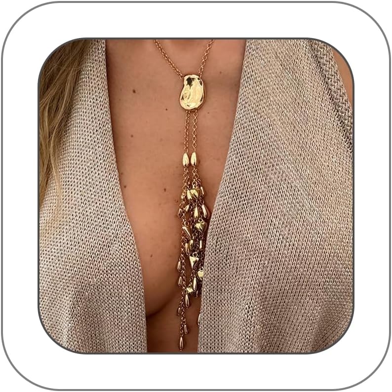 Chunky Silver Tassel Long Necklace for Women Charm Fringe Pendant Necklace Sexy Y Shaped Prom Necklace Trendy Beach Holiday Jewelry Accessories