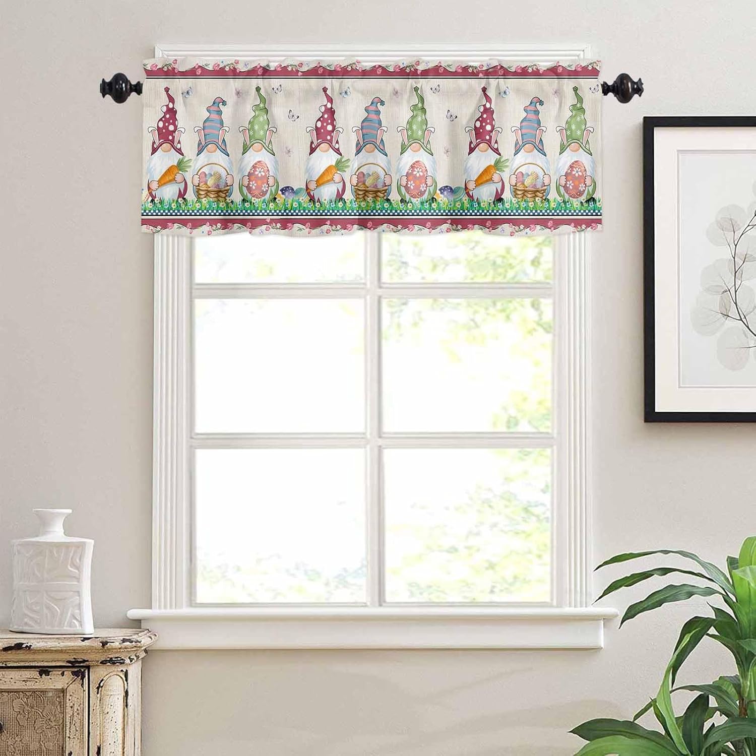 3 Piece Kitchen Curtains and Valances Set Gnomes Easter Cafe Curtains 24 Inch Length Eggs Tulips Spring Floral Rustic Valance & Tier Curtain for Living Room Bedroom Small Window 54"x18"+27"x24"*2