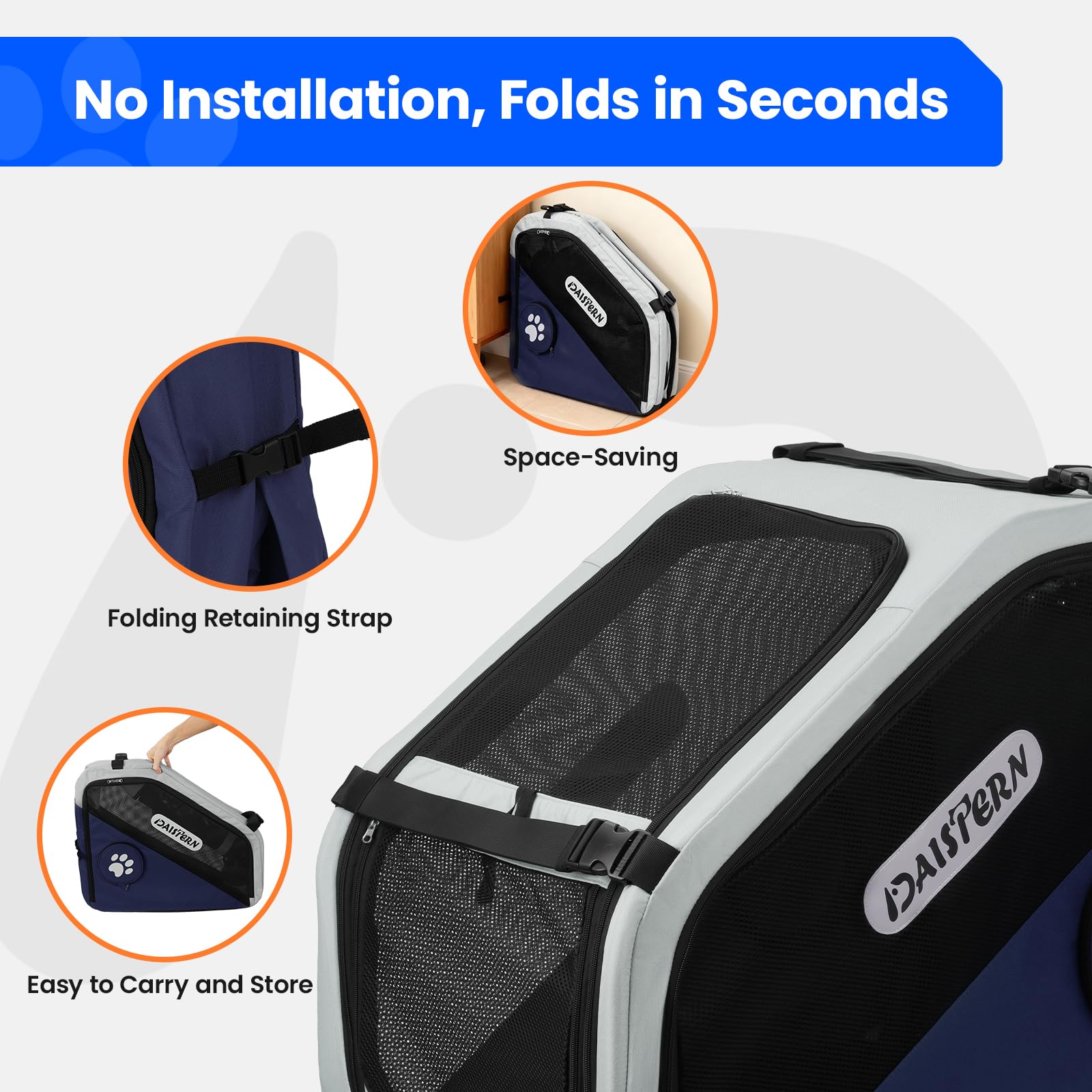 Faltbare Hunde Transportbox für Auto & Reisen, Tragbare Softbox für kleine & mittelgroße Hunde, 1-Minuten-Schnellfold, Robustes Metallgestell, Atmungsaktive Netzfenster & Komfortzugang, Blau