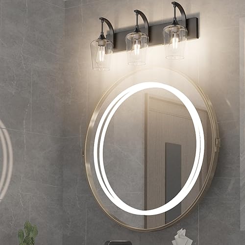 Miniatura 2 de Ralbay Lámpara de tocador negra mate con 3 luces, lámpara de tocador de baño industrial negra con vidrio transparente, accesorios de iluminación