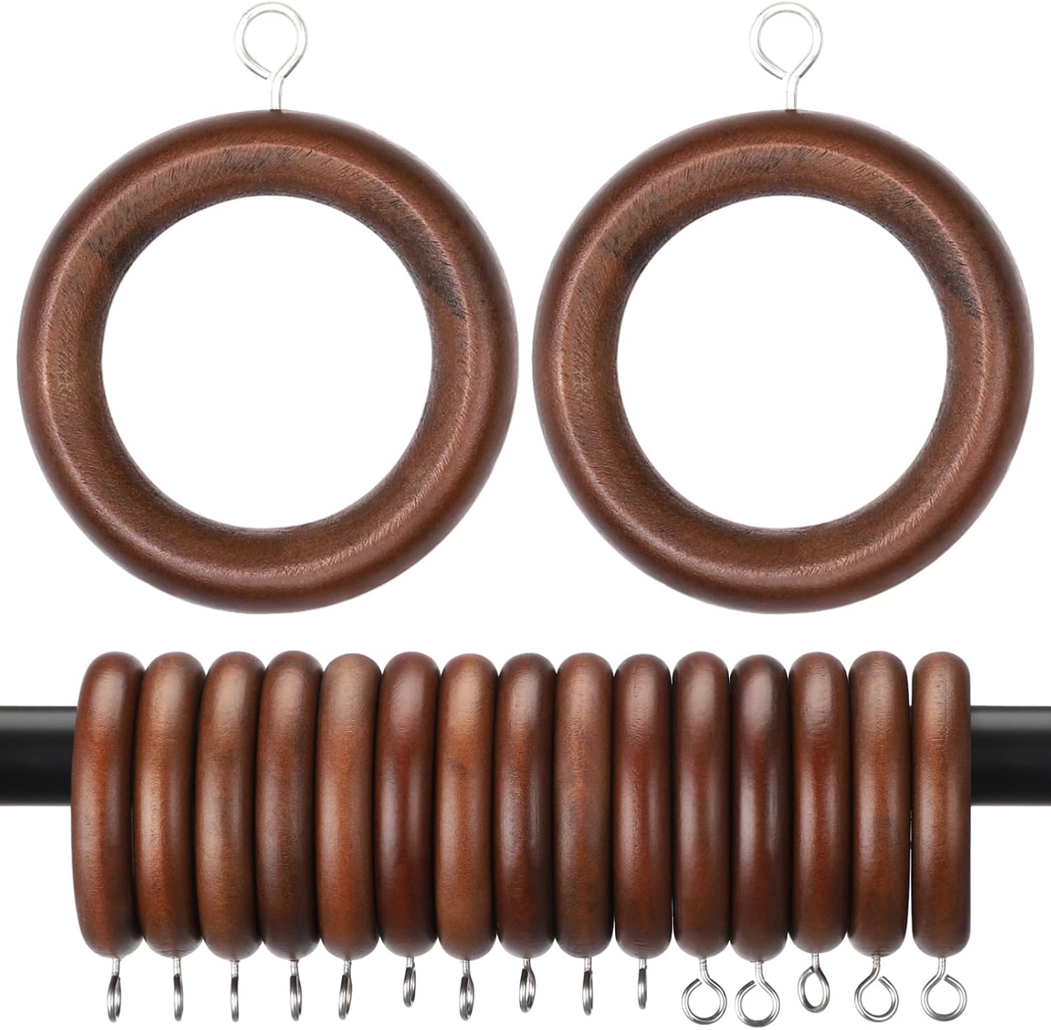 24 Pcs Wooden Curtain Rings, Walnut Wood, Smooth Sliding, 2.72 Od & 1.75 Id, with Stainless Steel Hooks for Drapes