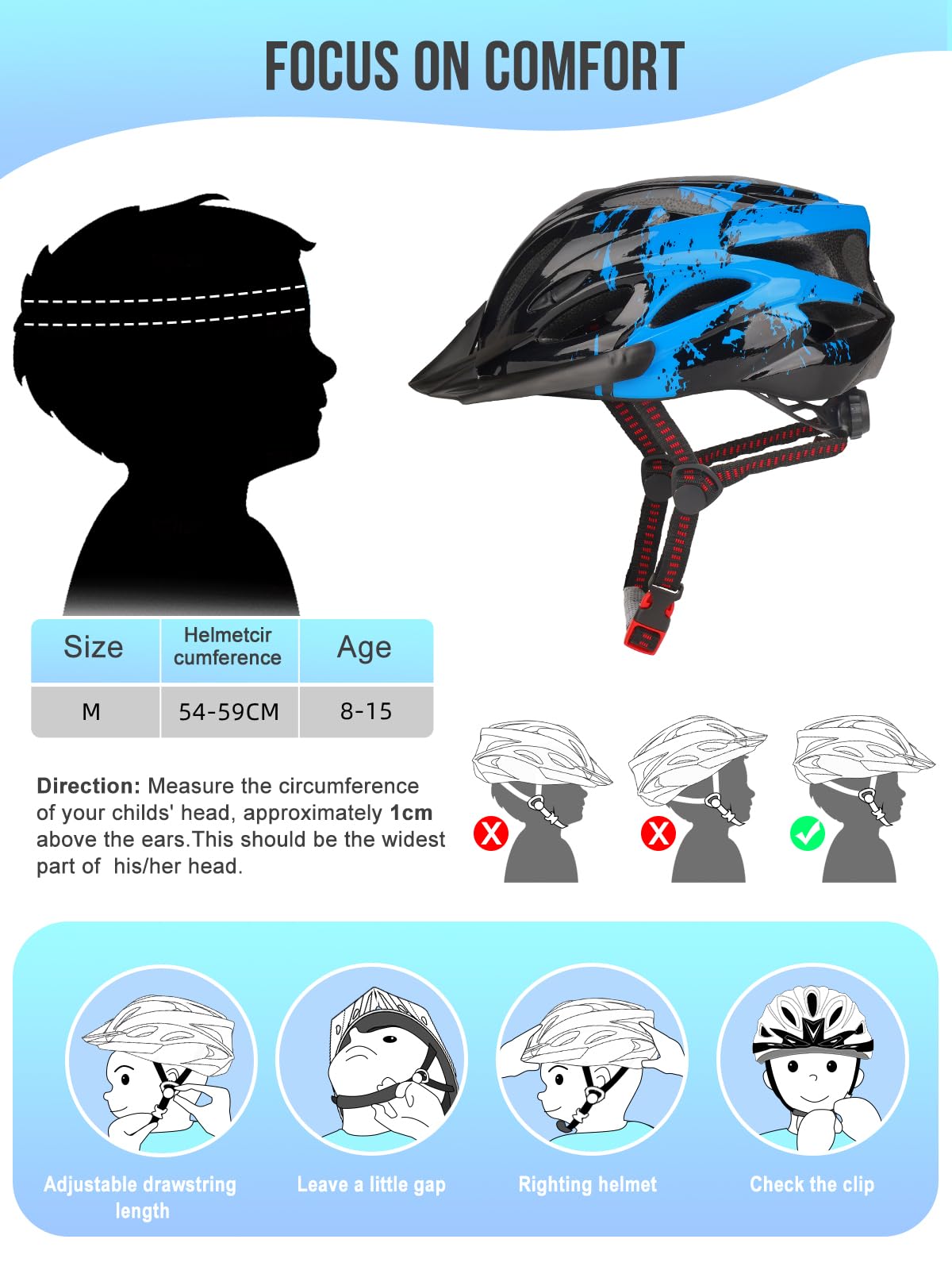 Amazon.com : Kids Bike Helmet, Boys Girls Adjustable Kids Helmet Age 5-15 Years Old, Multi-Sport Children Helmet, Child Safety Bicycle Scooter Skating Cycling Helmet 50-59cm (Blue, M:54-59cm) : Sports & Outdoors